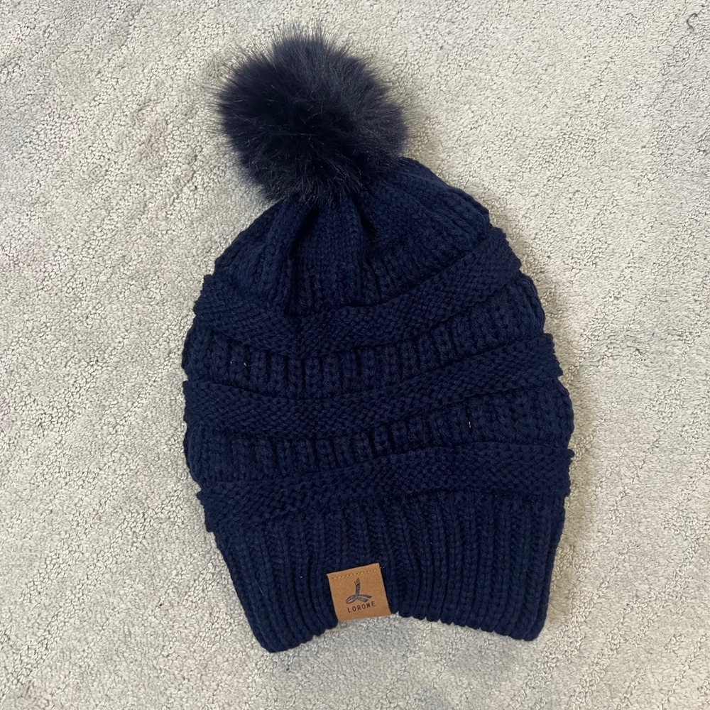 LOROME Navy Blue Knit Beanie Hat Winter Warm Knitwear with Pom Pom